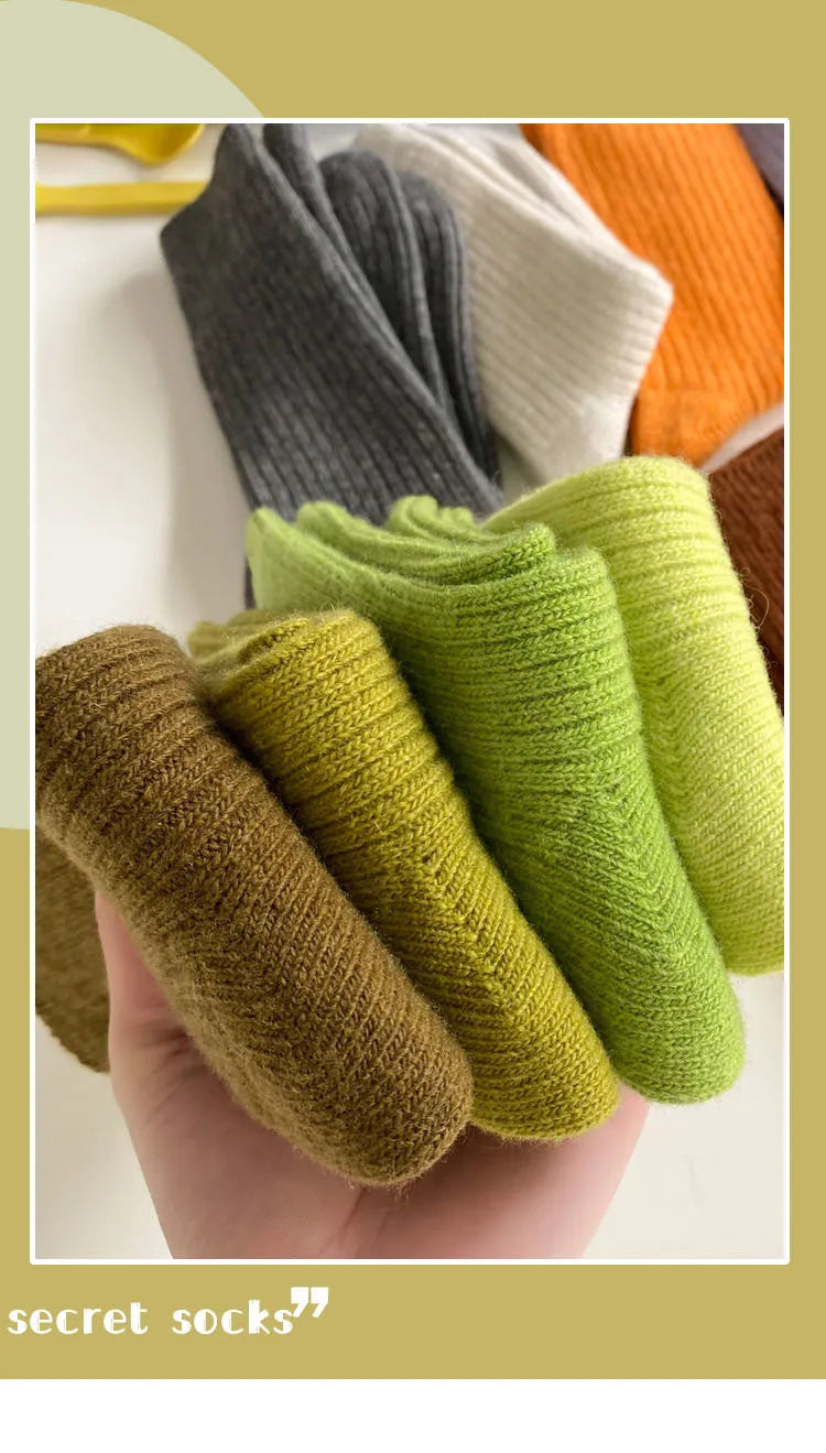 CHAOZHU Thicken Warm Merino Wool Classic Solid Colors Rib Socks Women High Quality Loose Crew Fashion Japanese Korea Sock Winter