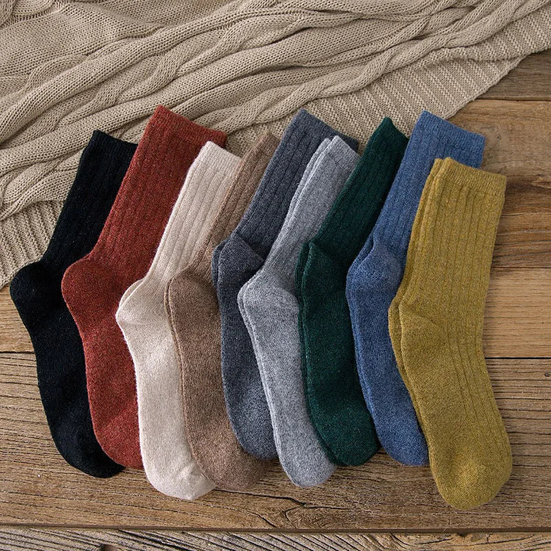 CHAOZHU Thicken Warm Merino Wool Classic Solid Colors Rib Socks Women High Quality Loose Crew Fashion Japanese Korea Sock Winter