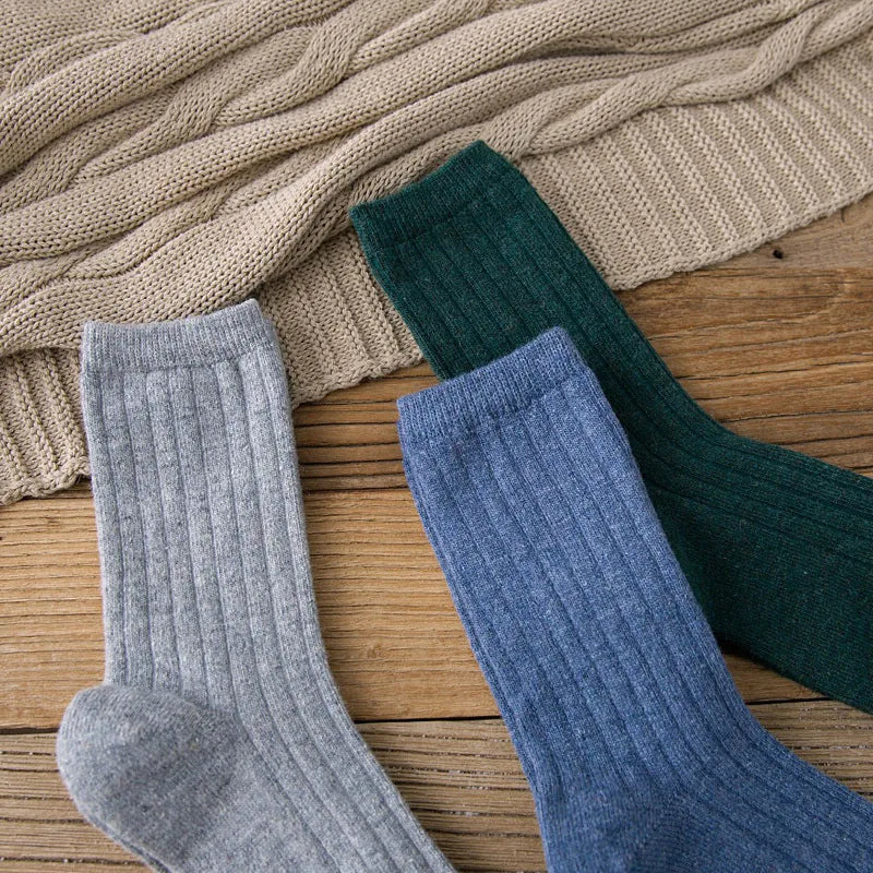 CHAOZHU Thicken Warm Merino Wool Classic Solid Colors Rib Socks Women High Quality Loose Crew Fashion Japanese Korea Sock Winter