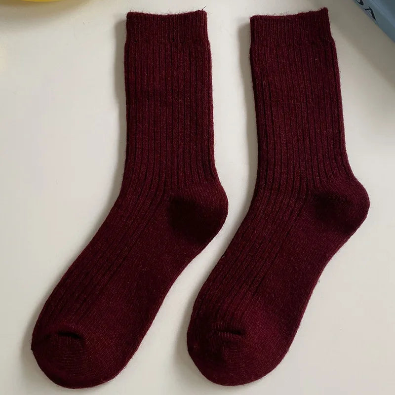 CHAOZHU Thicken Warm Merino Wool Classic Solid Colors Rib Socks Women High Quality Loose Crew Fashion Japanese Korea Sock Winter