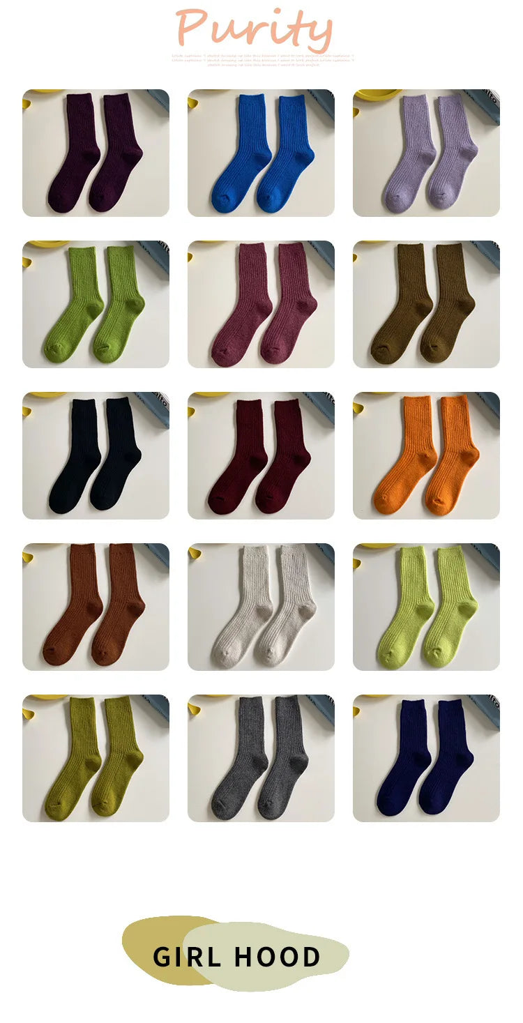 CHAOZHU Thicken Warm Merino Wool Classic Solid Colors Rib Socks Women High Quality Loose Crew Fashion Japanese Korea Sock Winter