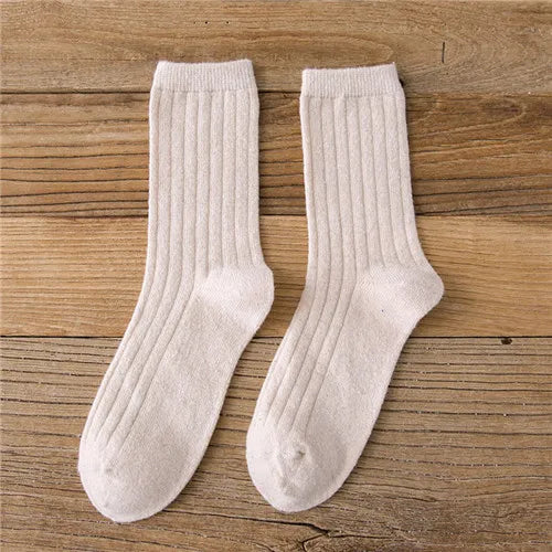 CHAOZHU Thicken Warm Merino Wool Classic Solid Colors Rib Socks Women High Quality Loose Crew Fashion Japanese Korea Sock Winter