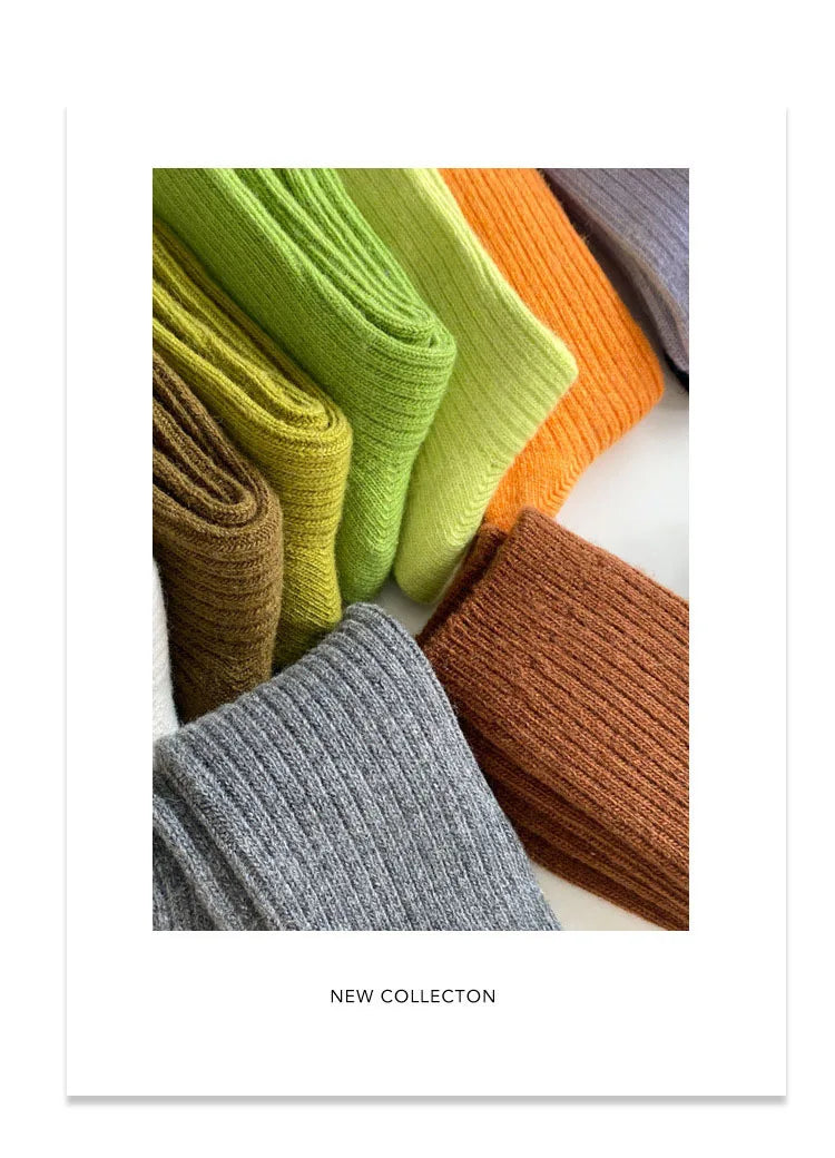 CHAOZHU Thicken Warm Merino Wool Classic Solid Colors Rib Socks Women High Quality Loose Crew Fashion Japanese Korea Sock Winter