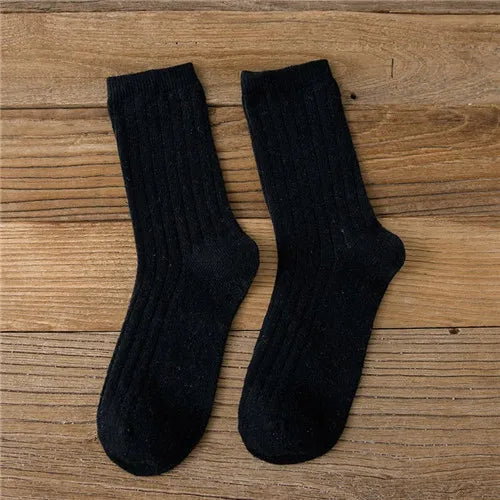 CHAOZHU Thicken Warm Merino Wool Classic Solid Colors Rib Socks Women High Quality Loose Crew Fashion Japanese Korea Sock Winter