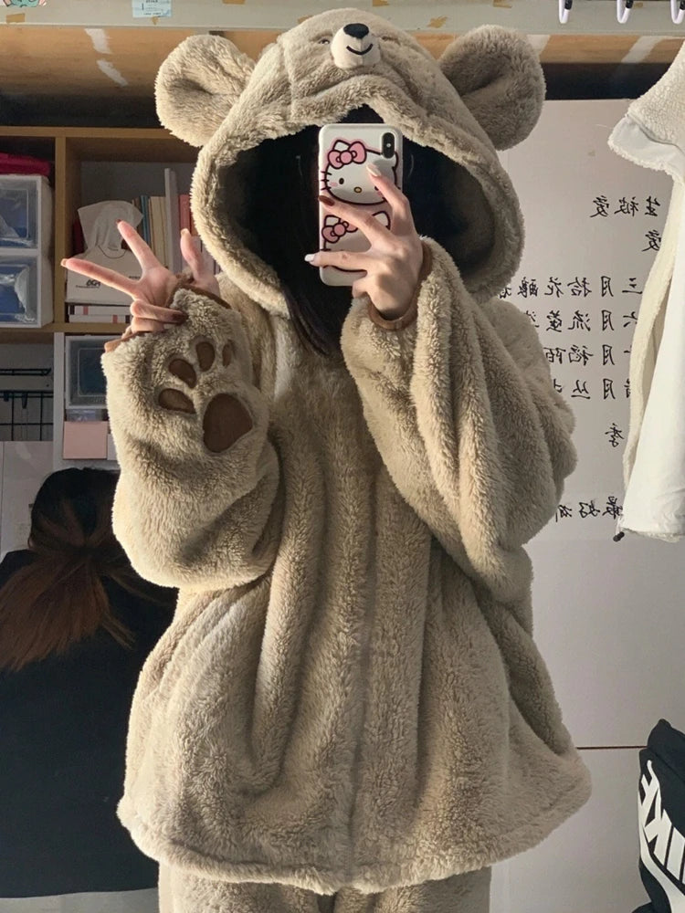 2024 New Bear Coral Fleece Pajama Women Autumn Winter Sleepwear Fleece Thick Cute Flannel Loungewear Set Round Hooded Homewear ﻿