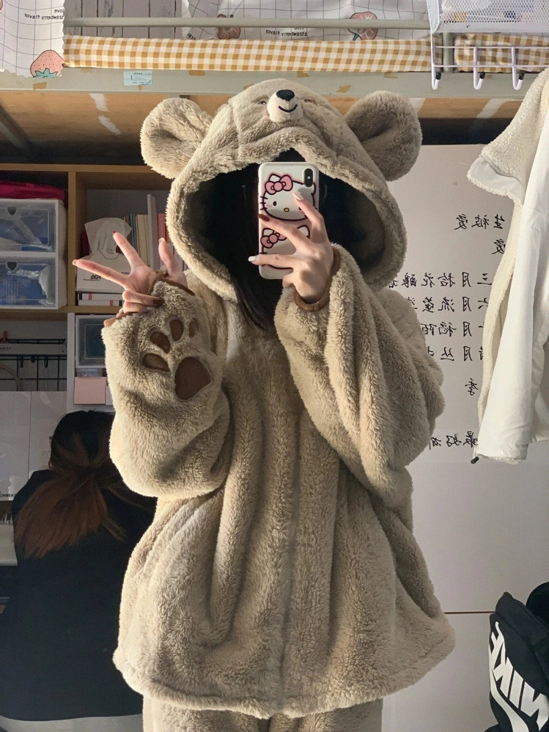 2024 New Bear Coral Fleece Pajama Women Autumn Winter Sleepwear Fleece Thick Cute Flannel Loungewear Set Round Hooded Homewear ﻿