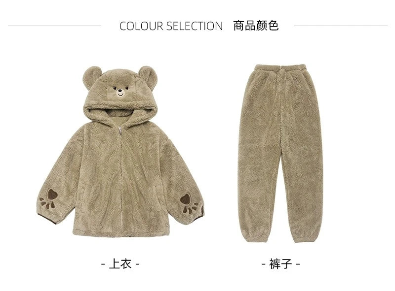 2024 New Bear Coral Fleece Pajama Women Autumn Winter Sleepwear Fleece Thick Cute Flannel Loungewear Set Round Hooded Homewear ﻿